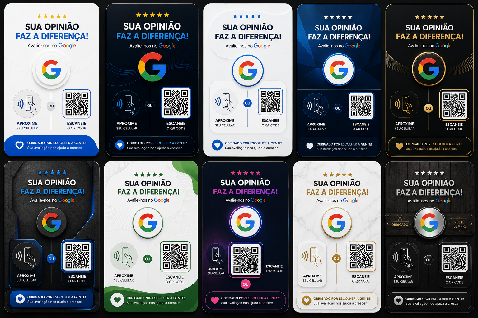 Variações de estilo do cartão Google Review Tap em cores e acabamentos diferentes